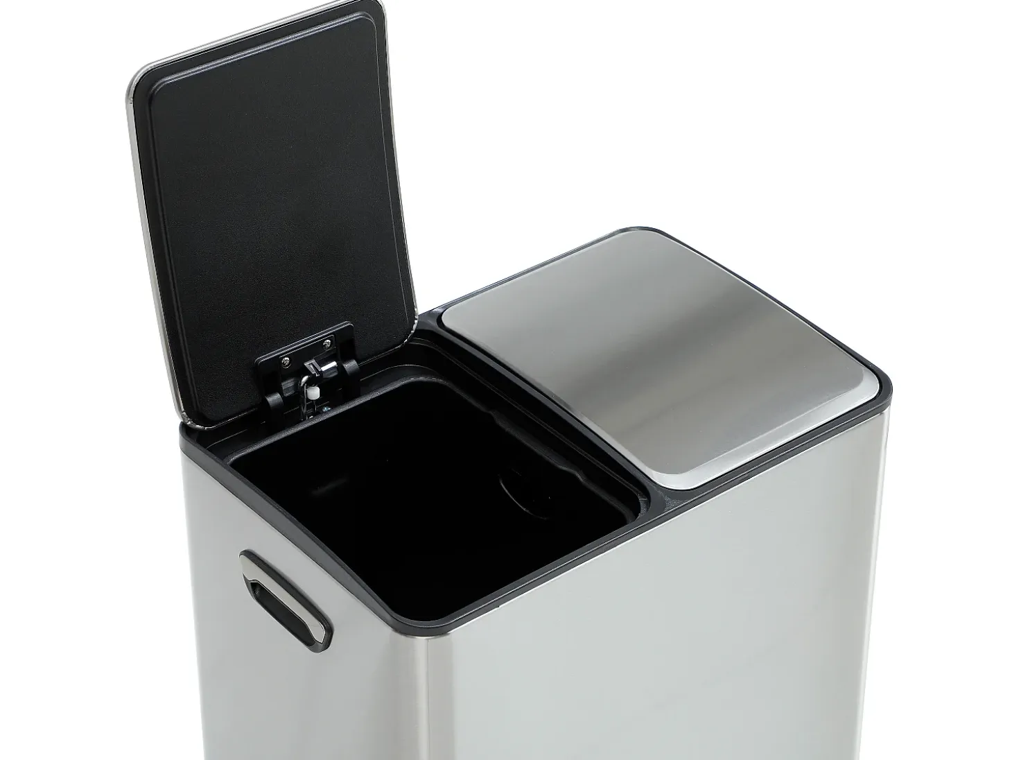 Cubo de clasificación de basura con pedal en acero inoxidable, 2 compartimentos de 30L, Cromado, GANEM