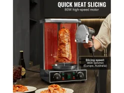 Cuchillo Shawarma Eléctrico SucceBuy, Cortadora Giratoria de Acero Inoxidable, 2 Cuchillas, Grosor Ajustable de 0 a 8 mm, para Rebanar Doner Kebab Comercial