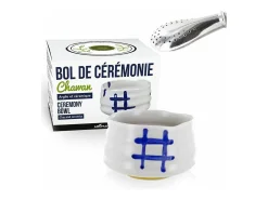 Cuenco ceremonial japones Chawan Blanco + pajita de acero inoxidable con filtro