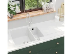 Delgany Fregadero de cocina con dos senos de granito blanco