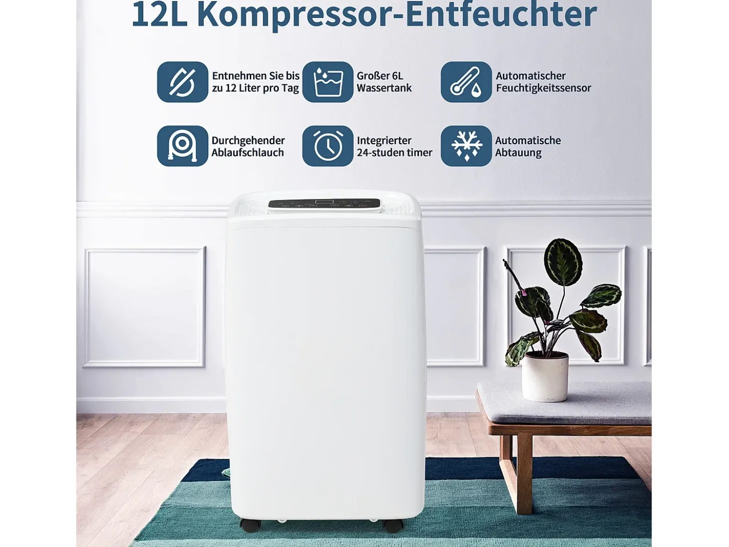 Deshumidificador 12L/día, 3 en 1, Deshumidificador, Purificador y Secador de Aire, Tanque de 1.5L, Temporizador de 24h, Pantalla LED, para 15㎡, Blanco