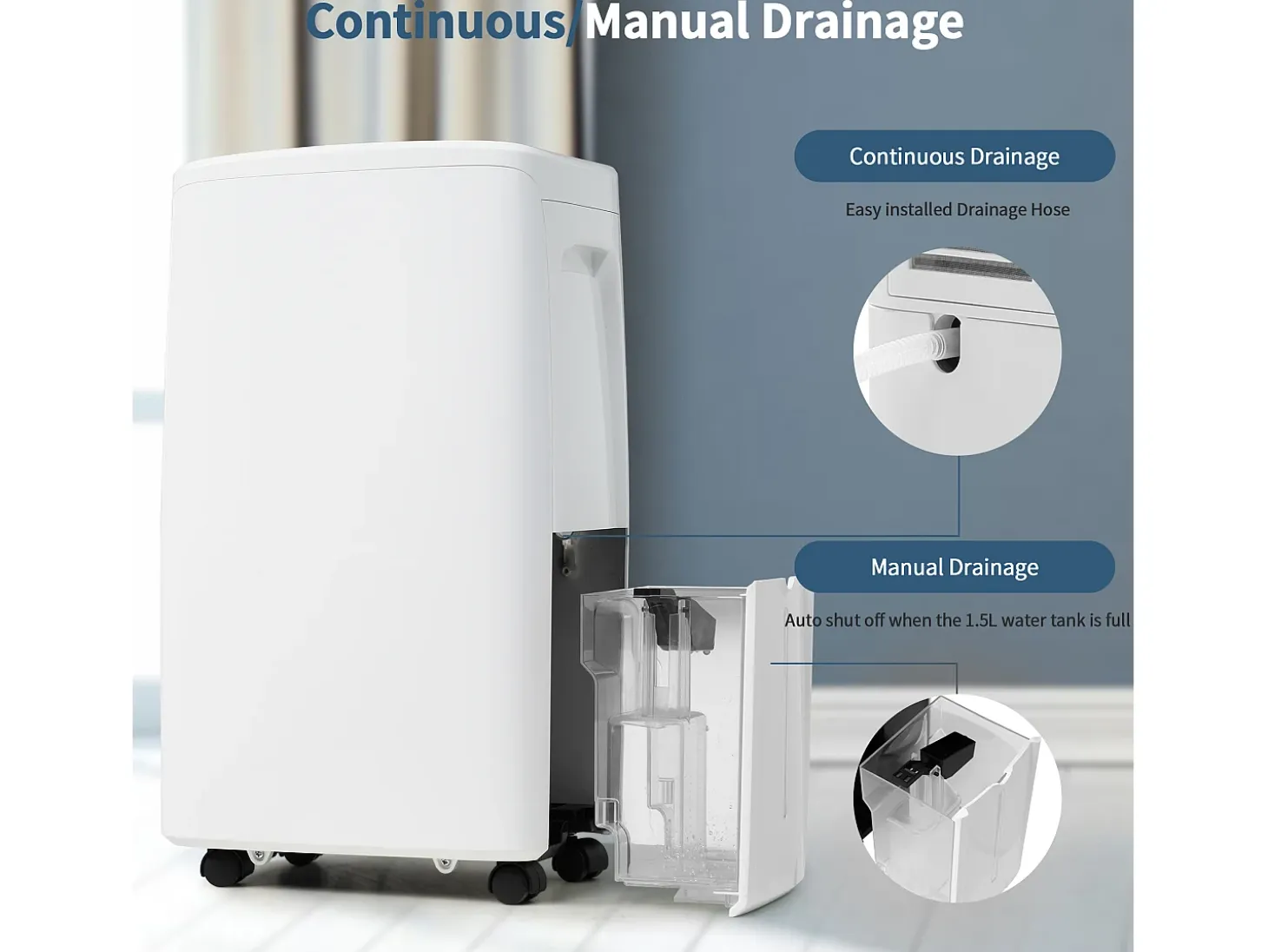 Deshumidificador 12L/día, 3 en 1, Deshumidificador, Purificador y Secador de Aire, Tanque de 1.5L, Temporizador de 24h, Pantalla LED, para 15㎡, Blanco