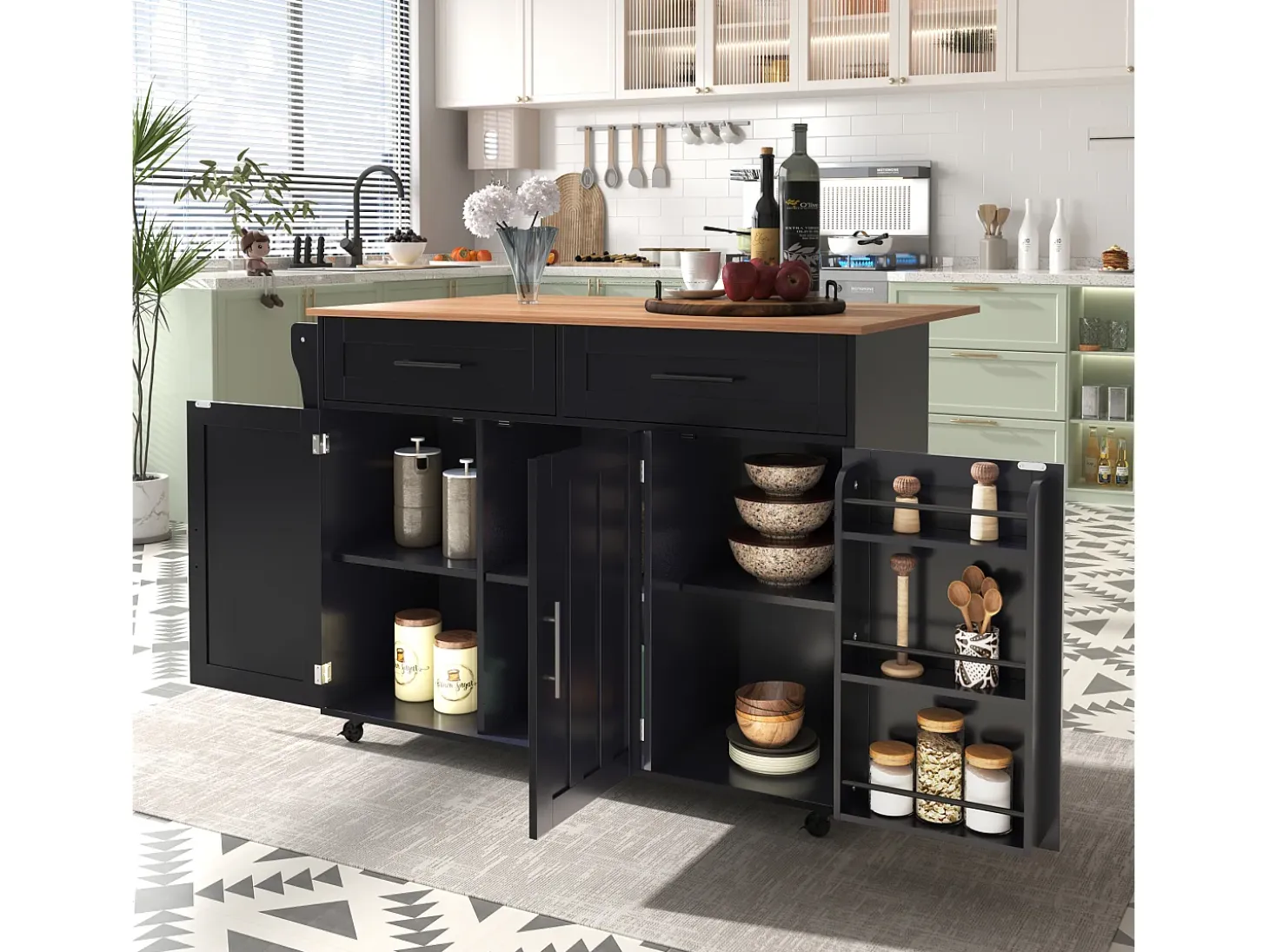Desserte negro - Îlot de cuisine con 2 puertas y 2 cajones - toallero y 5 ruedas - tablero plegable