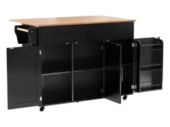 Desserte negro - Îlot de cuisine con 2 puertas y 2 cajones - toallero y 5 ruedas - tablero plegable