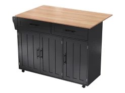 Desserte negro - Îlot de cuisine con 2 puertas y 2 cajones - toallero y 5 ruedas - tablero plegable