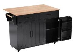 Desserte negro - Îlot de cuisine con 2 puertas y 2 cajones - toallero y 5 ruedas - tablero plegable