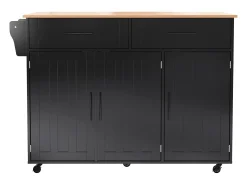 Desserte negro - Îlot de cuisine con 2 puertas y 2 cajones - toallero y 5 ruedas - tablero plegable