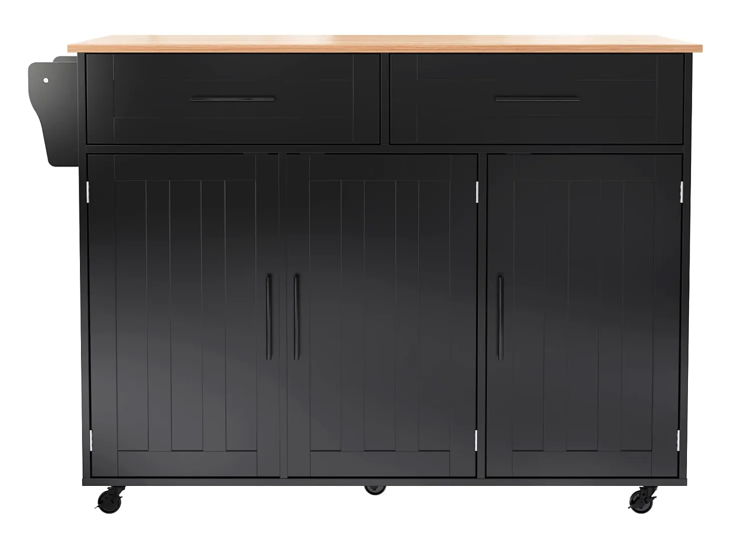 Desserte negro - Îlot de cuisine con 2 puertas y 2 cajones - toallero y 5 ruedas - tablero plegable