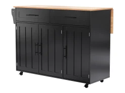 Desserte negro - Îlot de cuisine con 2 puertas y 2 cajones - toallero y 5 ruedas - tablero plegable