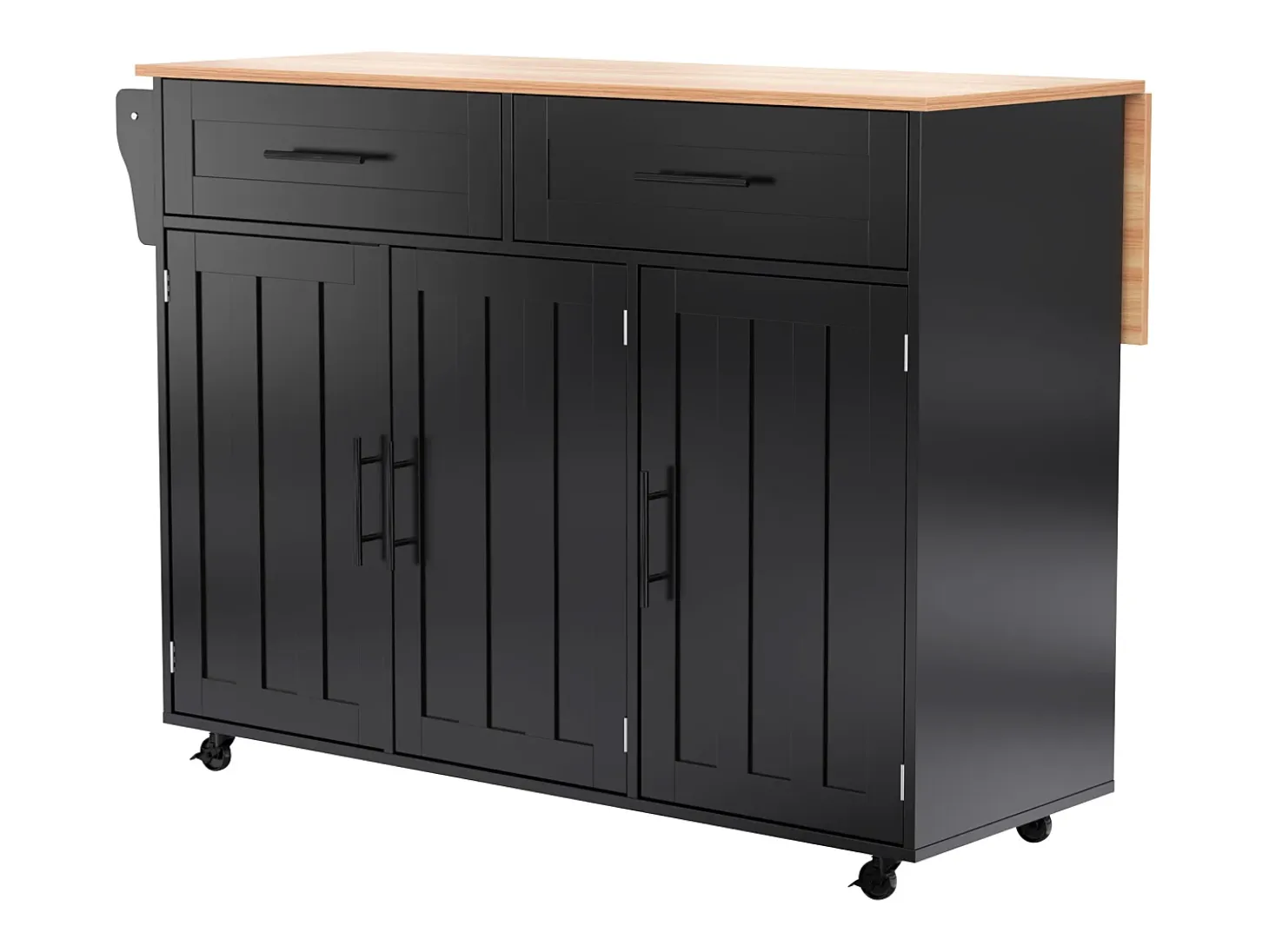 Desserte negro - Îlot de cuisine con 2 puertas y 2 cajones - toallero y 5 ruedas - tablero plegable