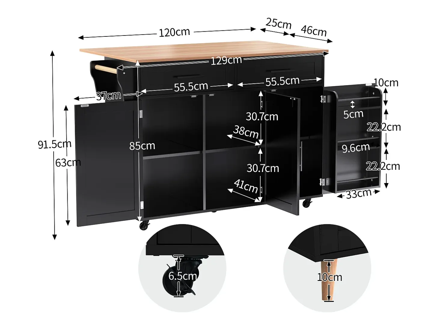 Desserte negro - Îlot de cuisine con 2 puertas y 2 cajones - toallero y 5 ruedas - tablero plegable