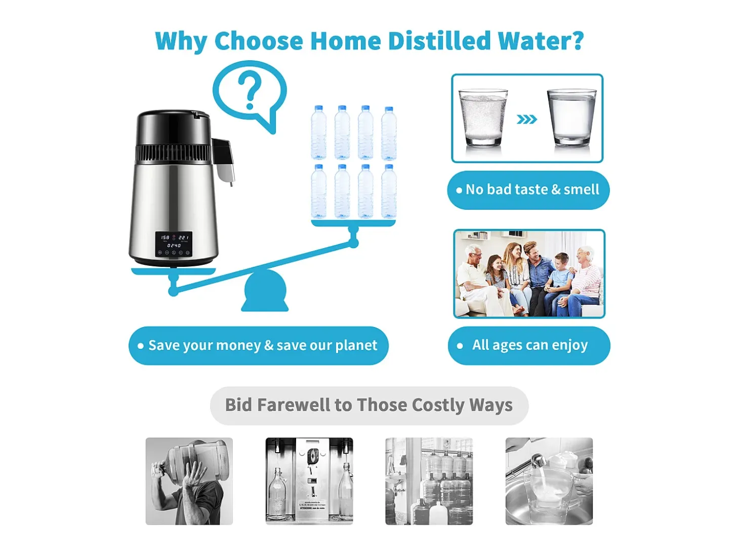 Destilador de Agua SucceBuy Pequeños Electrodomésticos Destilador de Agua de 4 l y 1,5 l/h, Máquina de Agua Destilada con Doble Temperatura, Color Plateado
