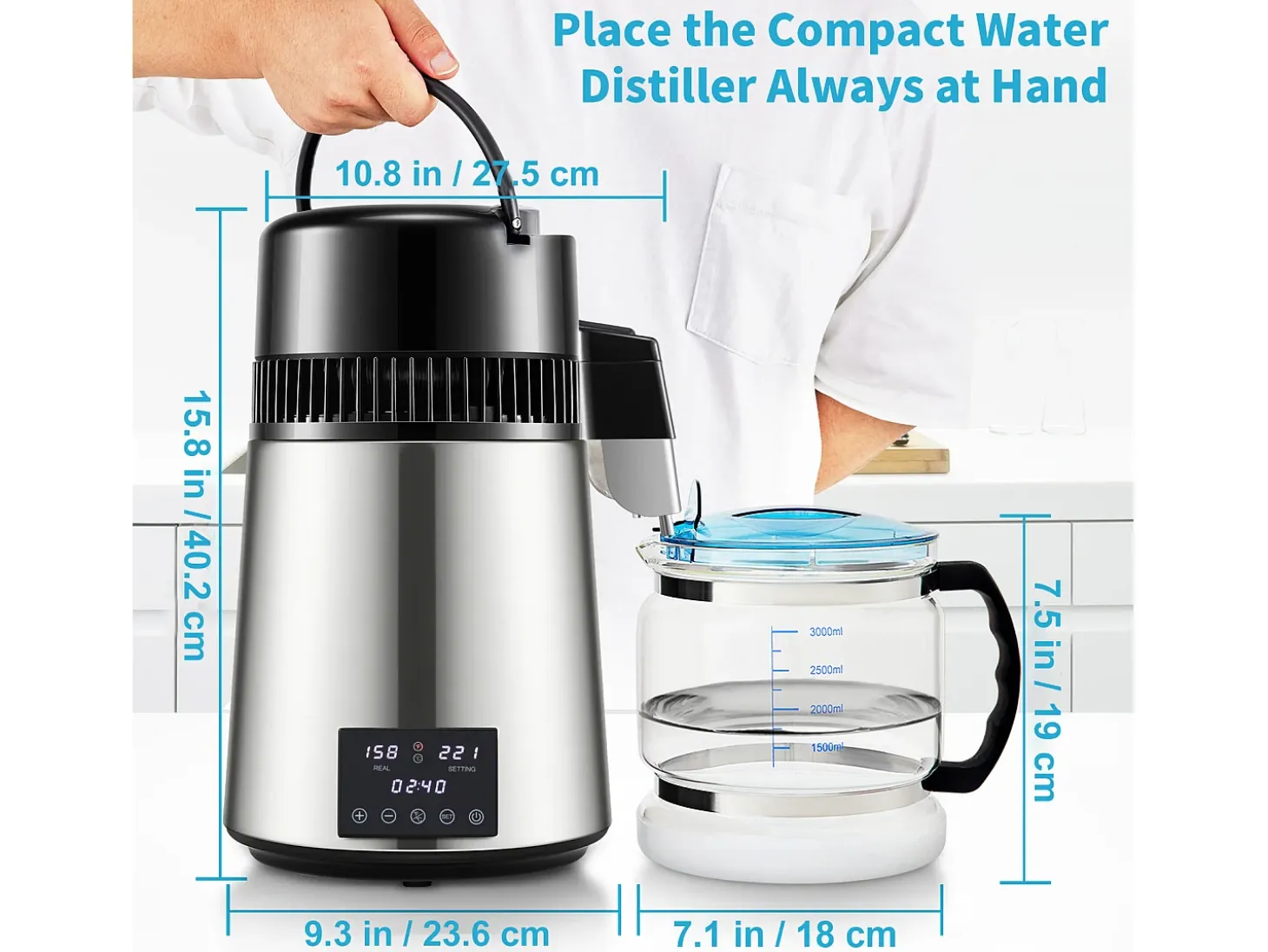 Destilador de Agua SucceBuy Pequeños Electrodomésticos Destilador de Agua de 4 l y 1,5 l/h, Máquina de Agua Destilada con Doble Temperatura, Color Plateado