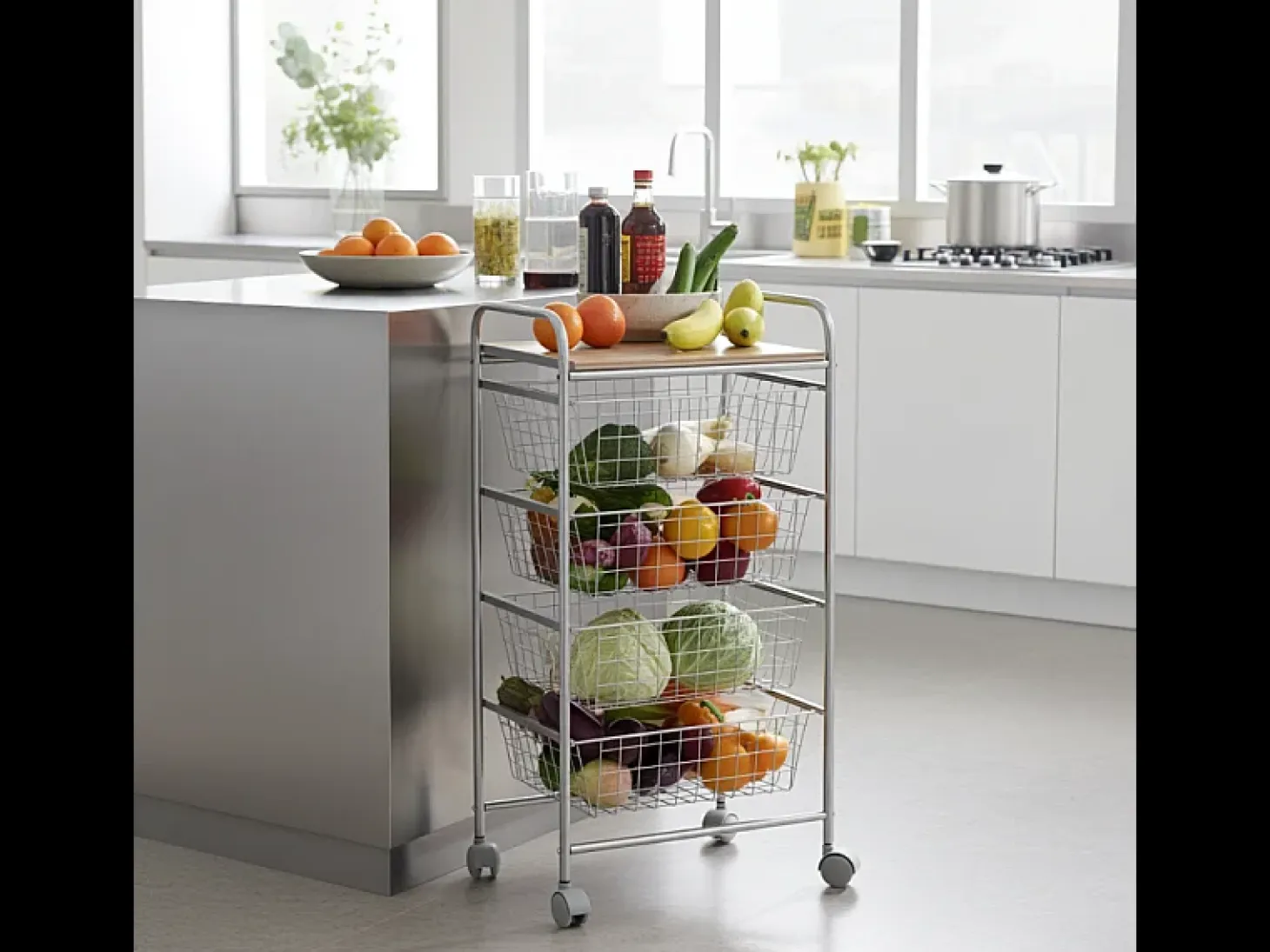DON HIERRO - Carrito de cocina NORA, 4 cestas de gran capacidad, Encimera color Abedul efecto alistonado-Gris