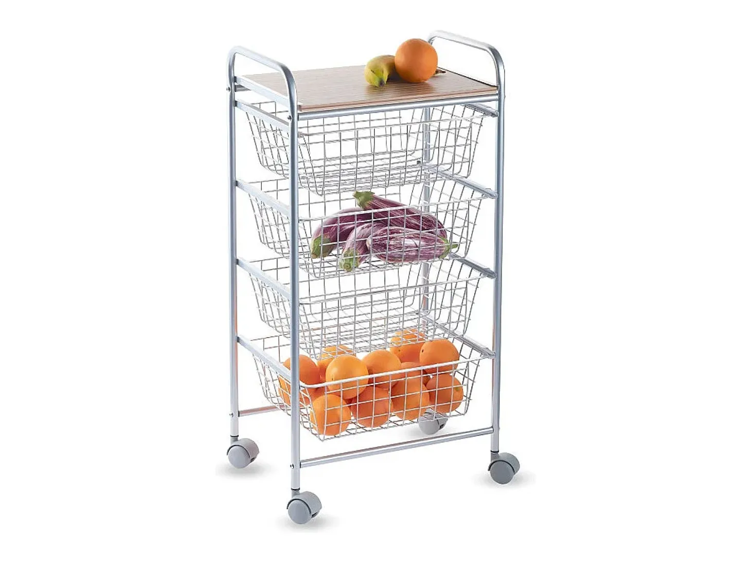 DON HIERRO - Carrito de cocina NORA, 4 cestas de gran capacidad, Encimera color Abedul efecto alistonado-Gris