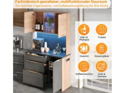 Elegante aparador alto de cocina - 100 x 40 x 180 cm - con LED + toma de corriente + puertas + cajones + estantes - MDF - negro + natural