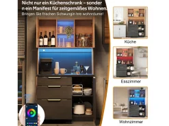 Elegante aparador alto de cocina - 100 x 40 x 180 cm - con LED + toma de corriente + puertas + cajones + estantes - MDF - negro + natural