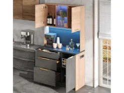 Elegante aparador alto de cocina - 100 x 40 x 180 cm - con LED + toma de corriente + puertas + cajones + estantes - MDF - negro + natural