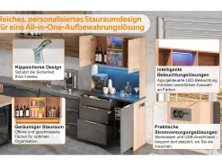 Elegante aparador alto de cocina - 100 x 40 x 180 cm - con LED + toma de corriente + puertas + cajones + estantes - MDF - negro + natural