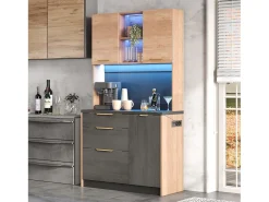 Elegante aparador alto de cocina - 100 x 40 x 180 cm - con LED + toma de corriente + puertas + cajones + estantes - MDF - negro + natural