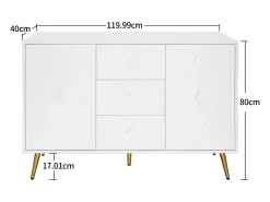Elegante aparador blanco de 120 x 40 x 80 cm, con 3 cajones, 2 puertas, patas doradas y diseño de rombos.
