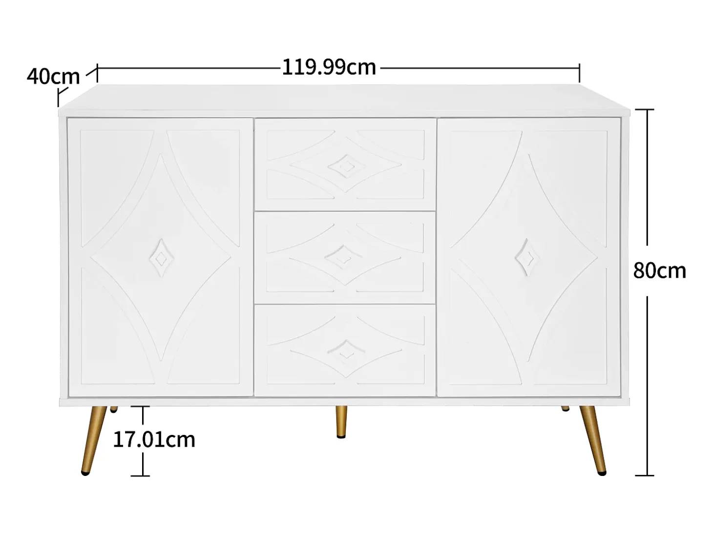 Elegante aparador blanco de 120 x 40 x 80 cm, con 3 cajones, 2 puertas, patas doradas y diseño de rombos.