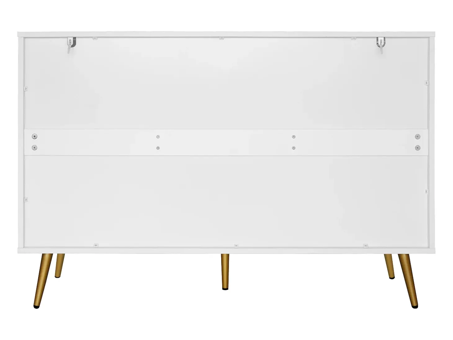 Elegante aparador blanco de 120 x 40 x 80 cm, con 3 cajones, 2 puertas, patas doradas y diseño de rombos.