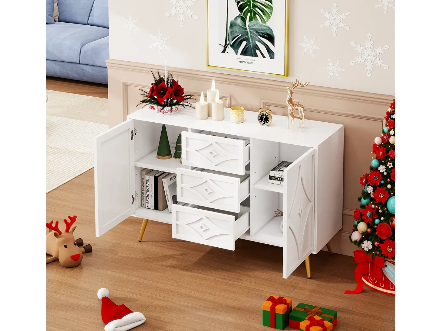Elegante aparador blanco de 120 x 40 x 80 cm, con 3 cajones, 2 puertas, patas doradas y diseño de rombos.
