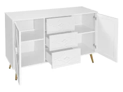 Elegante aparador blanco de 120 x 40 x 80 cm, con 3 cajones, 2 puertas, patas doradas y diseño de rombos.