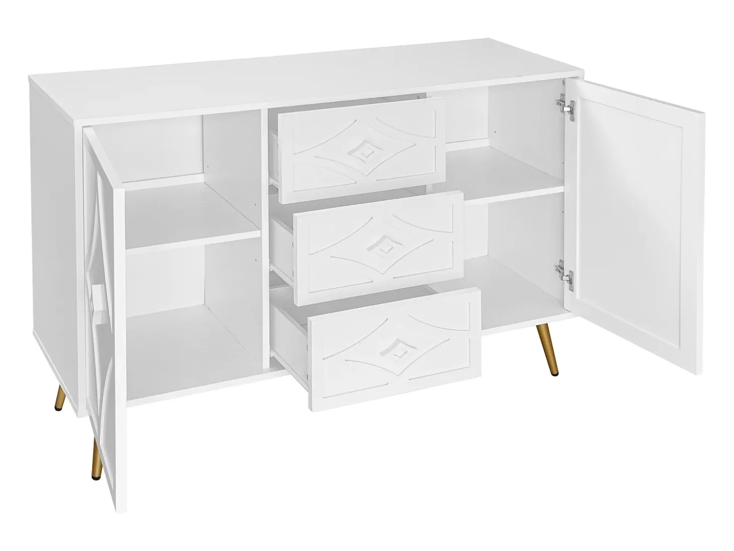 Elegante aparador blanco de 120 x 40 x 80 cm, con 3 cajones, 2 puertas, patas doradas y diseño de rombos.