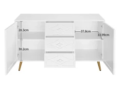 Elegante aparador blanco de 120 x 40 x 80 cm, con 3 cajones, 2 puertas, patas doradas y diseño de rombos.