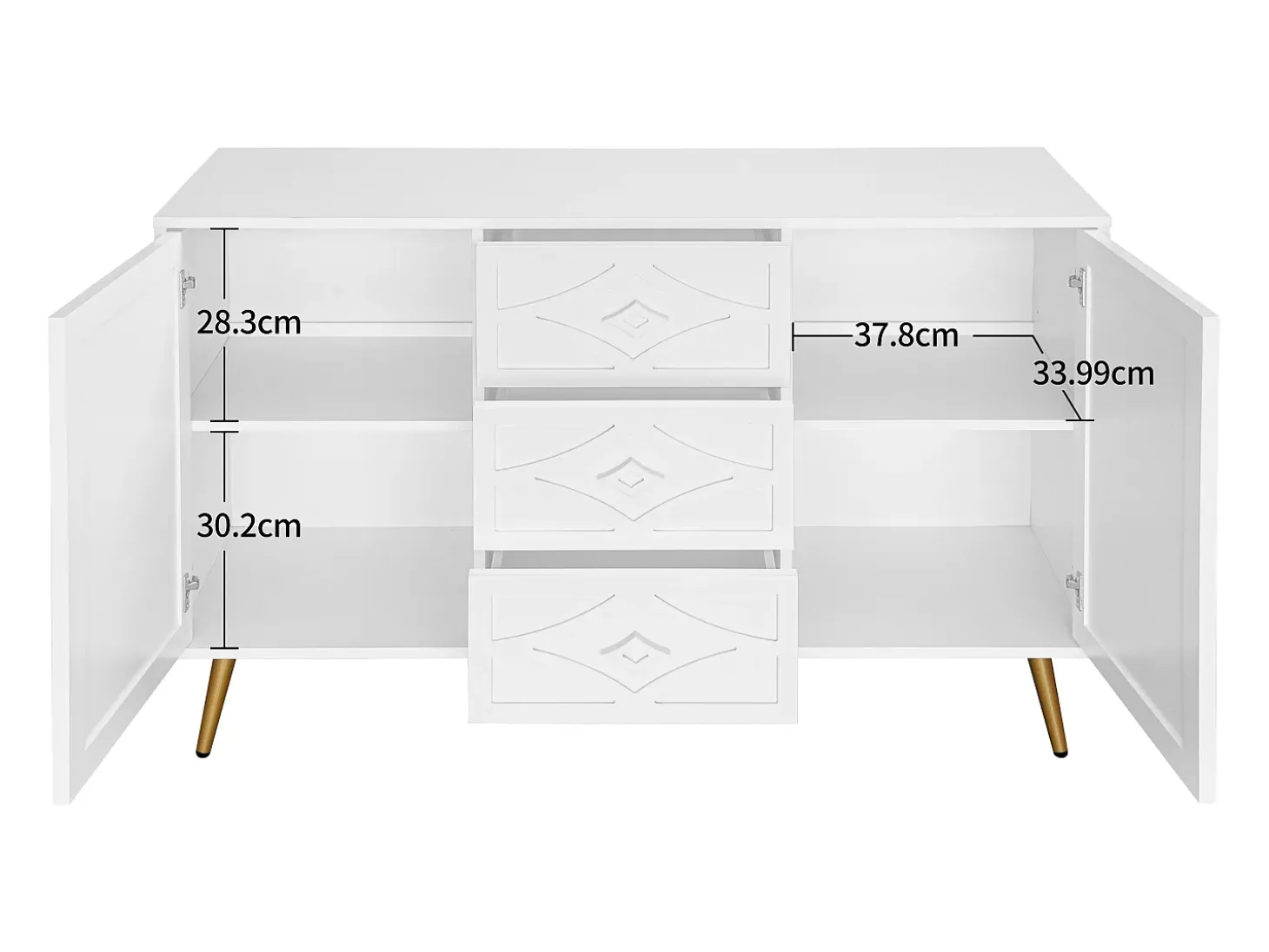 Elegante aparador blanco de 120 x 40 x 80 cm, con 3 cajones, 2 puertas, patas doradas y diseño de rombos.