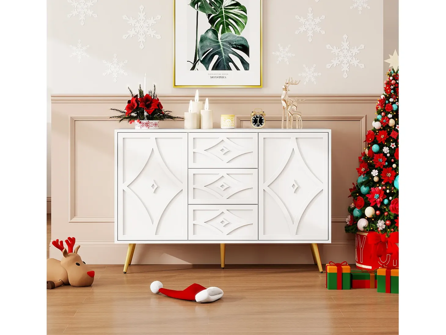 Elegante aparador blanco de 120 x 40 x 80 cm, con 3 cajones, 2 puertas, patas doradas y diseño de rombos.