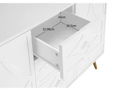 Elegante aparador blanco de 120 x 40 x 80 cm, con 3 cajones, 2 puertas, patas doradas y diseño de rombos.