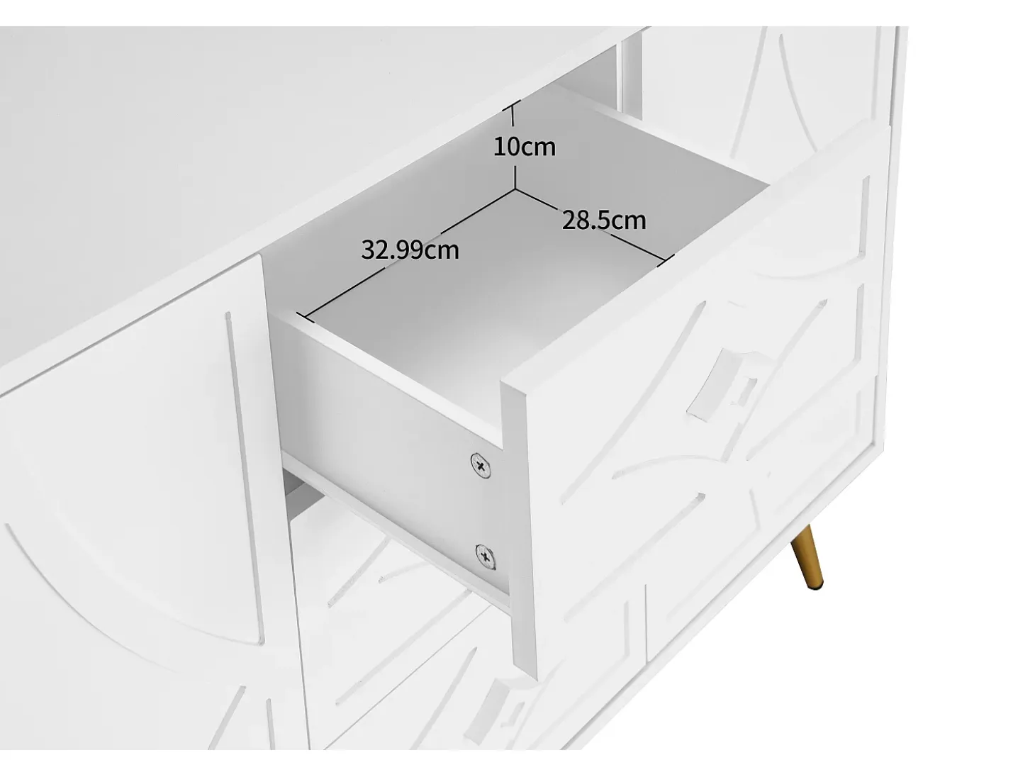 Elegante aparador blanco de 120 x 40 x 80 cm, con 3 cajones, 2 puertas, patas doradas y diseño de rombos.