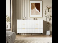 Elegante aparador con 6 cajones, MDF, blanco y dorado (120x40x77 cm)