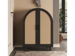 Elegante aparador con puertas de ratán, tres estantes, madera y MDF negro (70x40x100 cm)
