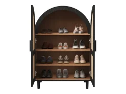Elegante aparador con puertas de ratán, tres estantes, madera y MDF negro (70x40x100 cm)
