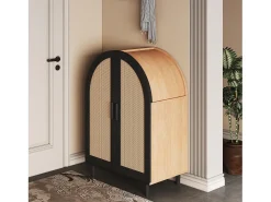 Elegante aparador con puertas de ratán, tres estantes, madera y MDF negro (70x40x100 cm)