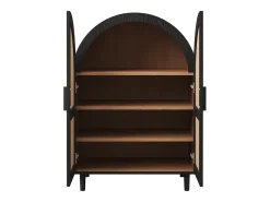 Elegante aparador con puertas de ratán, tres estantes, madera y MDF negro (70x40x100 cm)