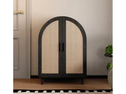 Elegante aparador con puertas de ratán, tres estantes, madera y MDF negro (70x40x100 cm)