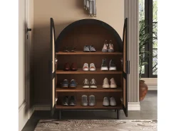 Elegante aparador con puertas de ratán, tres estantes, madera y MDF negro (70x40x100 cm)
