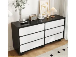 Elegante aparador/cómoda de 6 cajones - 140 x 38 x 74,5 cm - tocador moderno - aglomerado - negro + blanco