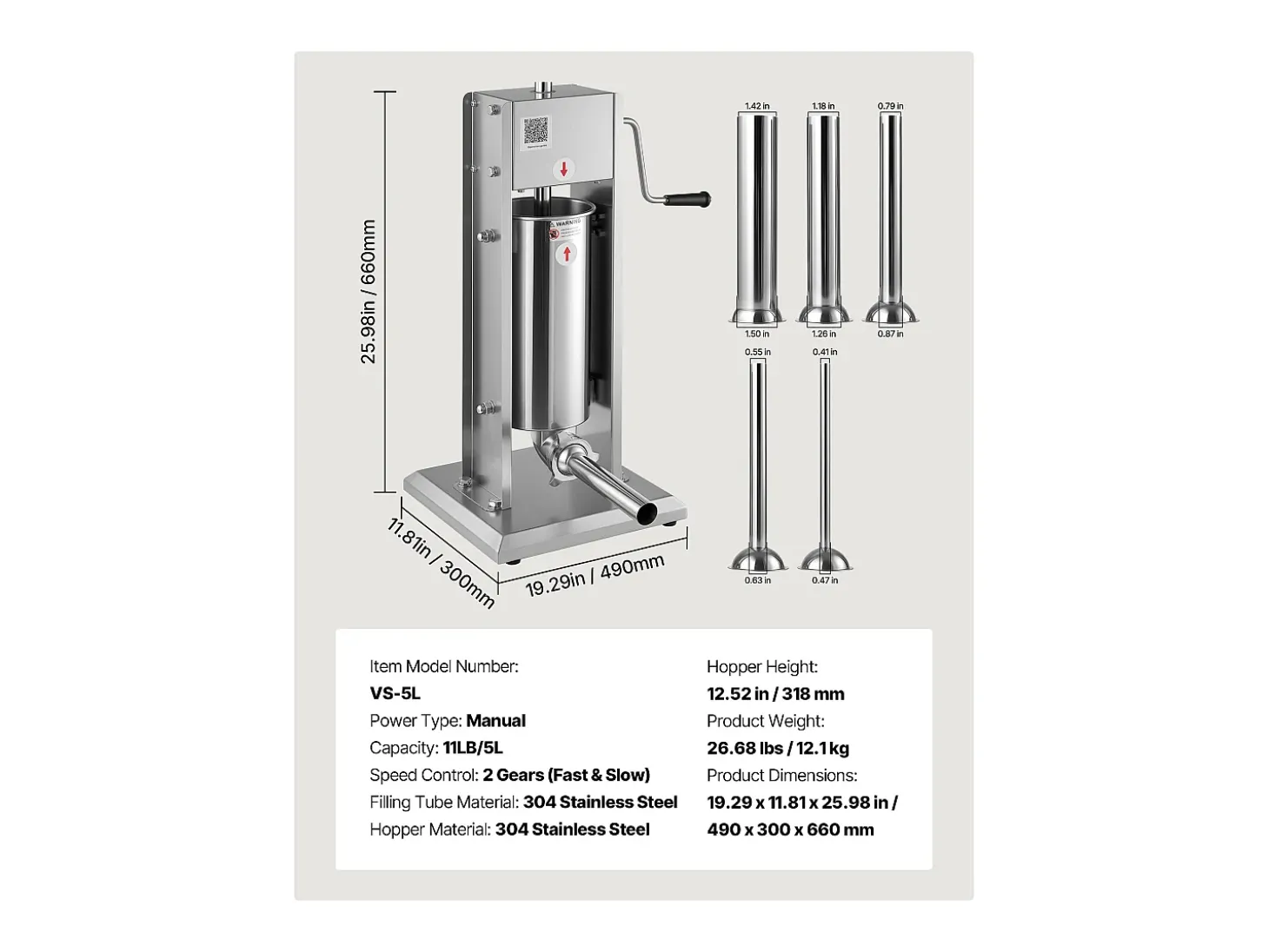 Embutidora de Salchichas SucceBuy Manual Capacidad 5 L, Máquina de Salchichas Vertical de Acero Inoxidable, Envasadora a Doble Velocidad, con 5 Tubos de Llenado