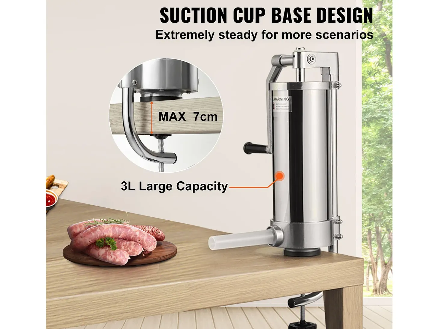 Empujador de Salchichas Manual SucceBuy, 3 L, 3 Tubos de Relleno, Máquina de Salchichas Casera en Acero Inoxidable