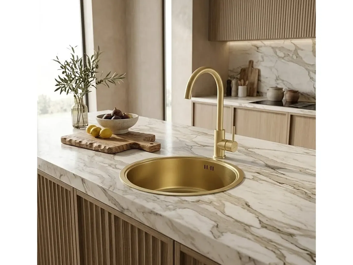 Essenox fregadero 1 cubeta redonda en acero inoxidable 42.5cm oro cepillado Essebagno