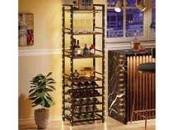 Estante de vinos autónoma de 9 niveles con soporte de vidrio y estantes de almacenamiento, Estante para botellas de vino, de color marrón rústico