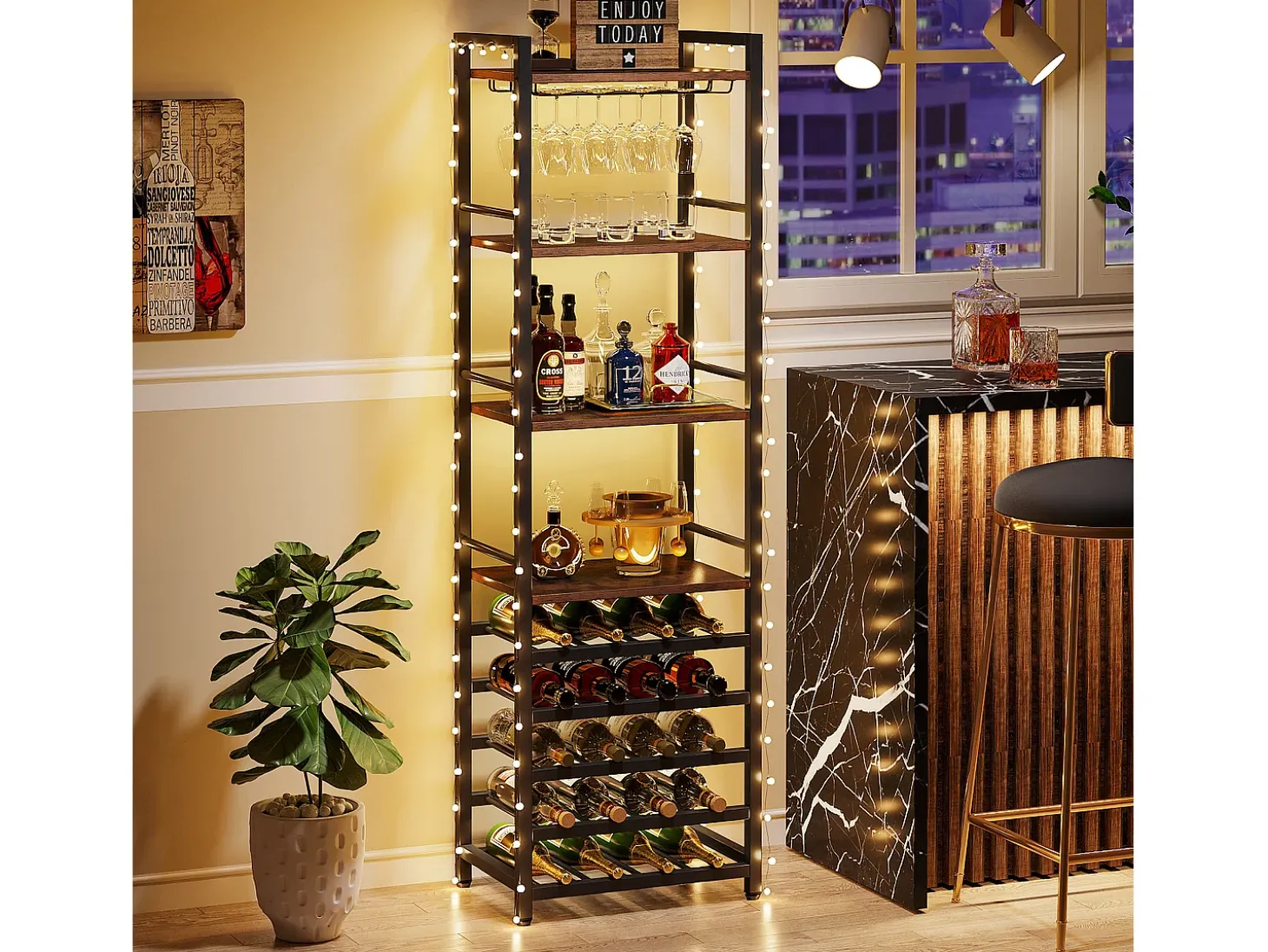 Estante de vinos autónoma de 9 niveles con soporte de vidrio y estantes de almacenamiento, Estante para botellas de vino, de color marrón rústico