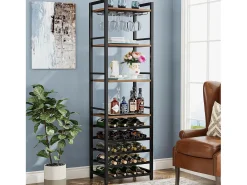 Estante de vinos autónoma de 9 niveles con soporte de vidrio y estantes de almacenamiento, Estante para botellas de vino, de color marrón rústico