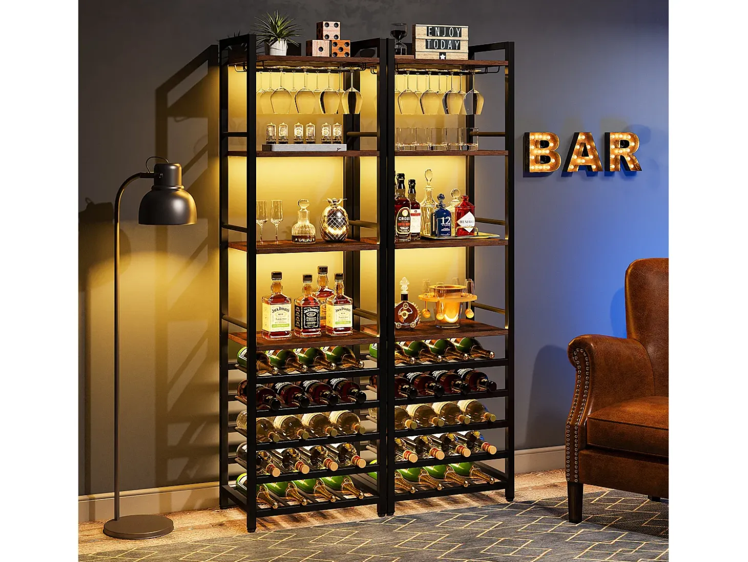 Estante de vinos autónoma de 9 niveles con soporte de vidrio y estantes de almacenamiento, Estante para botellas de vino, de color marrón rústico